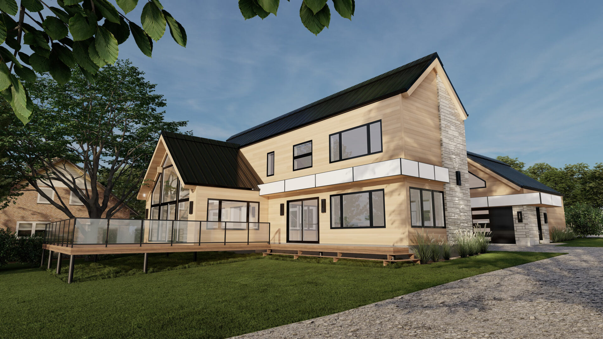 Style scandinave, rénovation majeure, revêtement de bois naturel, revêtement d'aluminium Rialux avec de la maçonnerie, toit en tôle