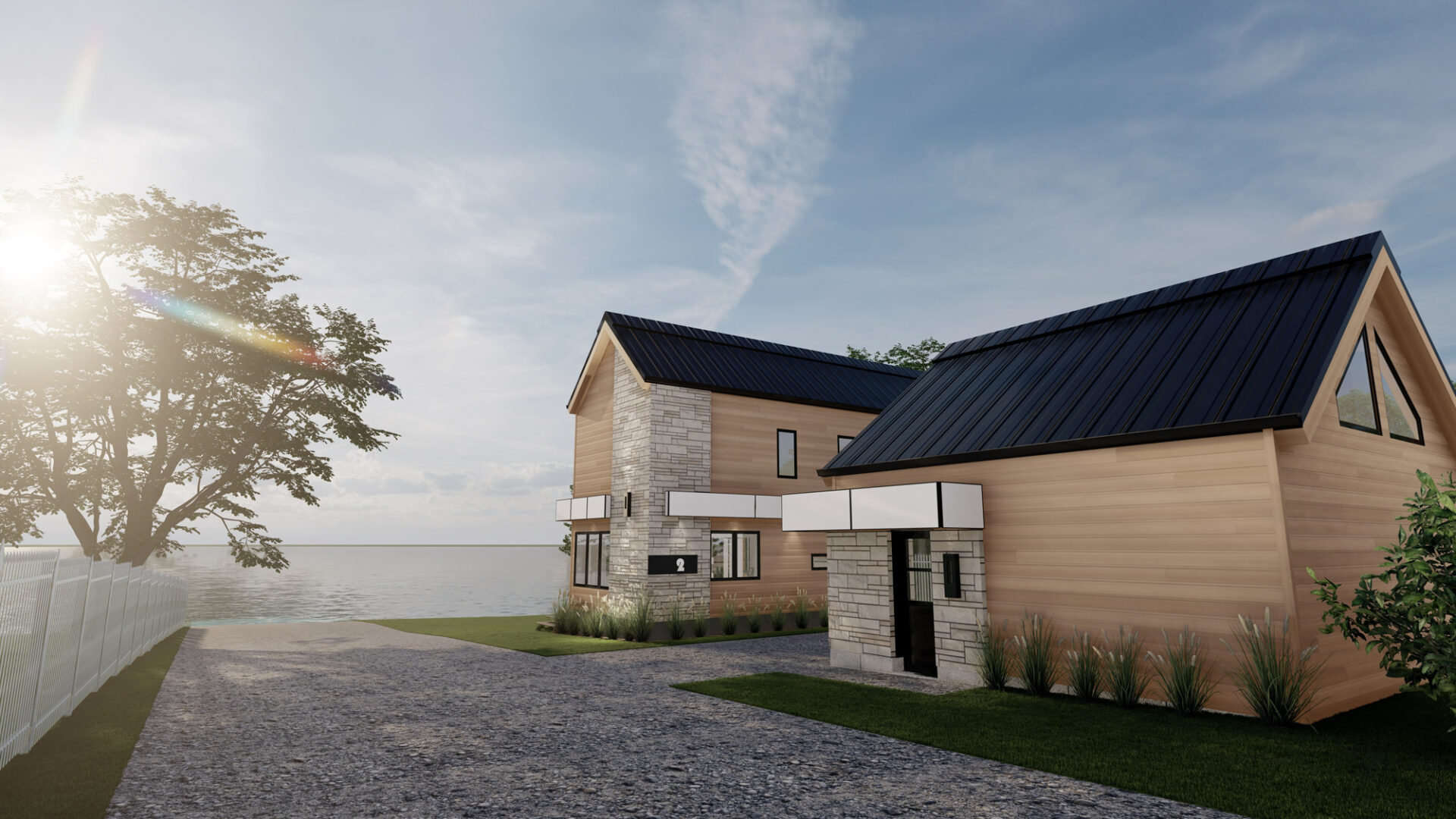 Style scandinave, rénovation majeure, revêtement de bois naturel, revêtement d'aluminium Rialux avec de la maçonnerie, toit en tôle, vue sur le lac