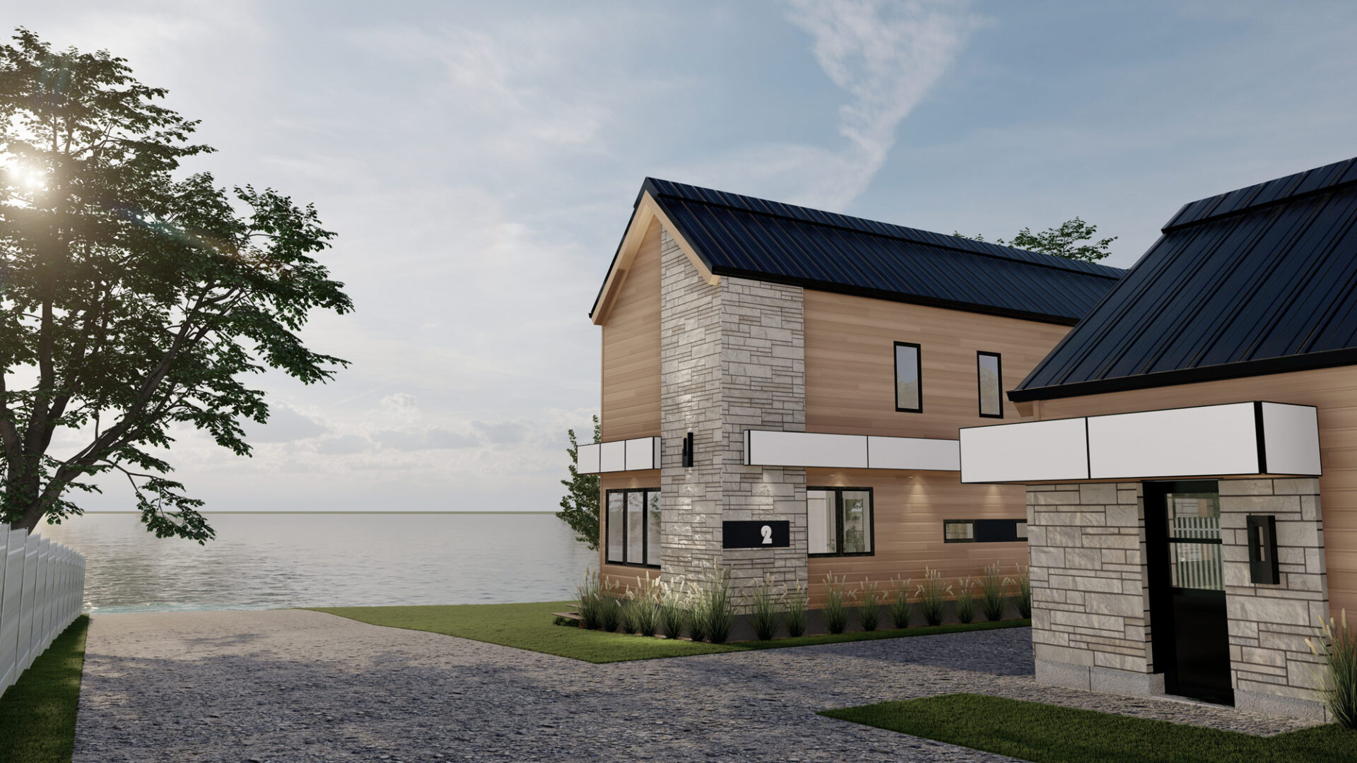 Style scandinave, rénovation majeure, revêtement de bois naturel, revêtement d'aluminium Rialux avec de la maçonnerie, toit en tôle, vue sur le lac