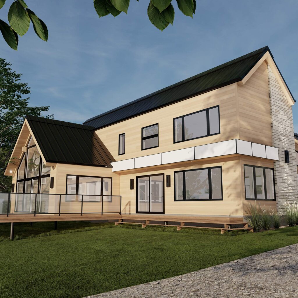 Style scandinave, rénovation majeure, revêtement de bois naturel, revêtement d'aluminium Rialux avec de la maçonnerie, toit en tôle