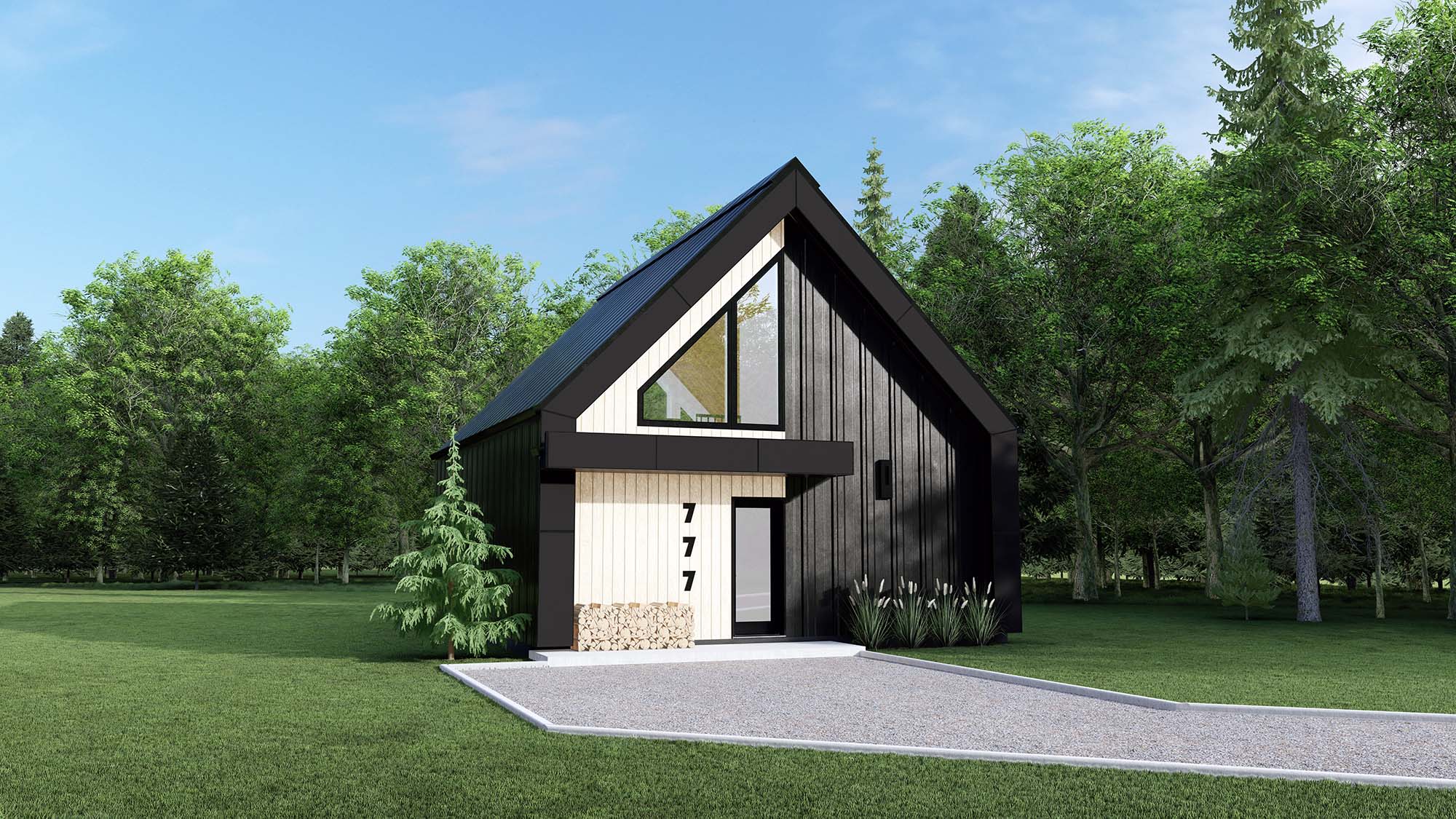 Architecture moderne scandinave. Revêtement en acier noir avec insertions de Maibec Canexel